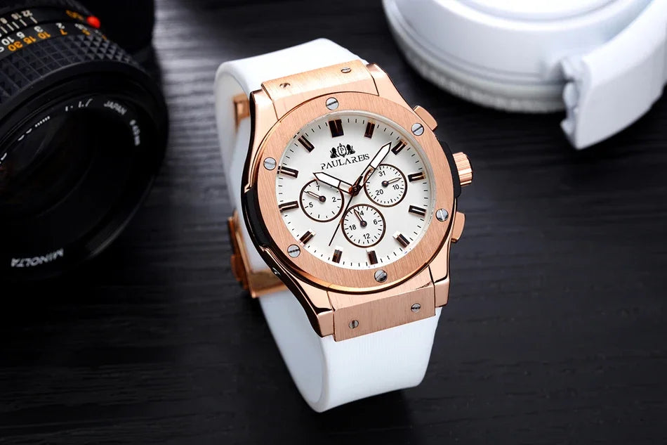 Automatic Watches for Men Mechanical Movement Rose Gold Silver Black Case White Rubber Casual Sports Geneve Watch