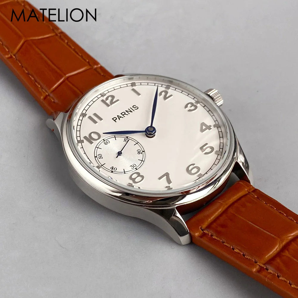 Retro Watch for Men Asia 6497 Hand Winding Movement Black White Mechanical Manual Winding Mineral Crystal 44mm Transparent Back