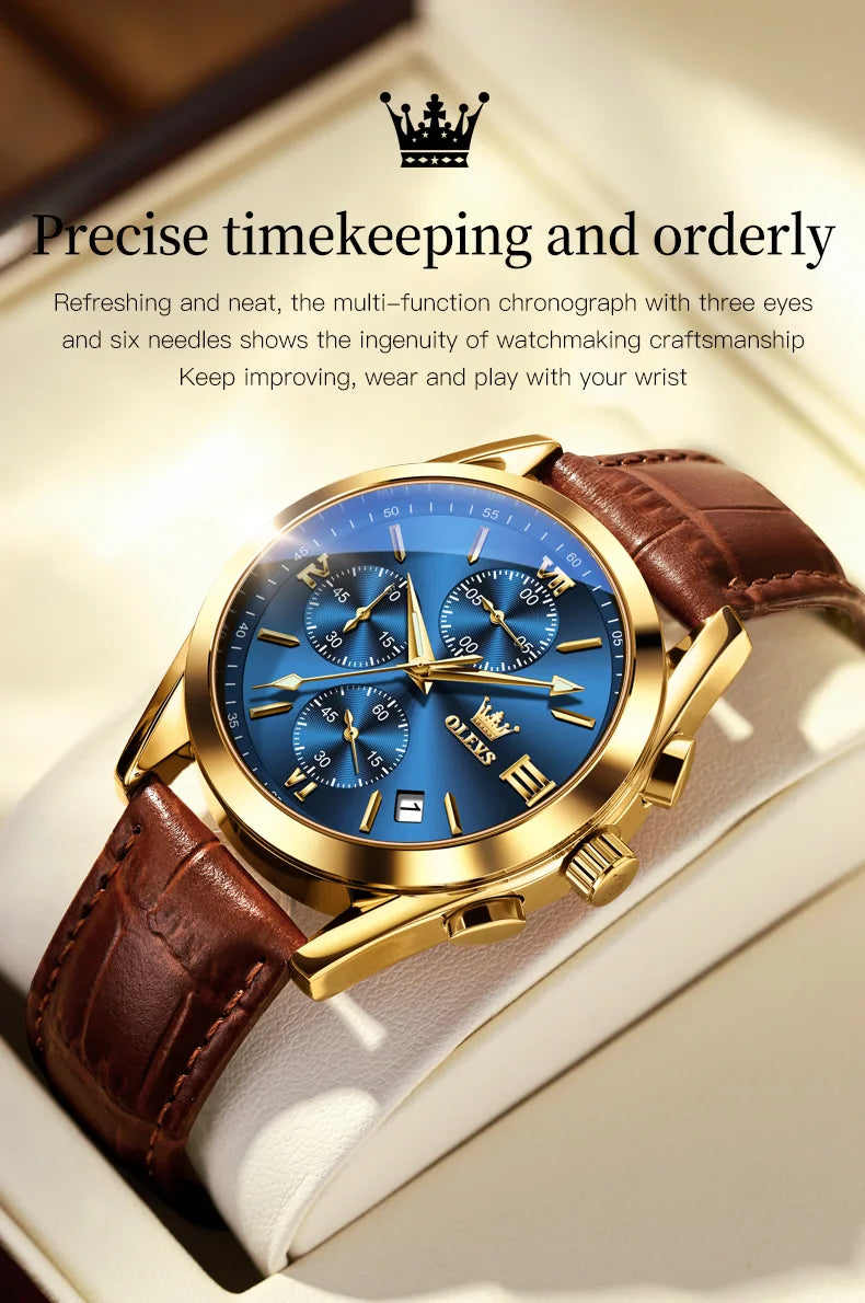 OLEVS 2872 Chronograph Men's Wristwatches Leather Strap Waterproof Luminous Original Quartz Watch for Men Luxury Sport Man Watch