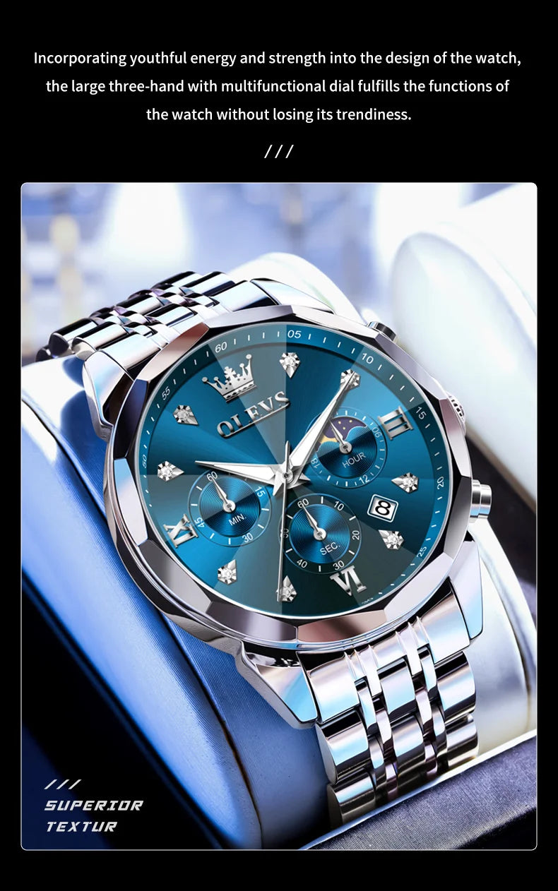 OLEVS 3670 Men's Watches Solid Steel Strap Rhombus Mirror 24Hour Moon Phase Waterproof Luminous Chronograph Quartz Watch for Men