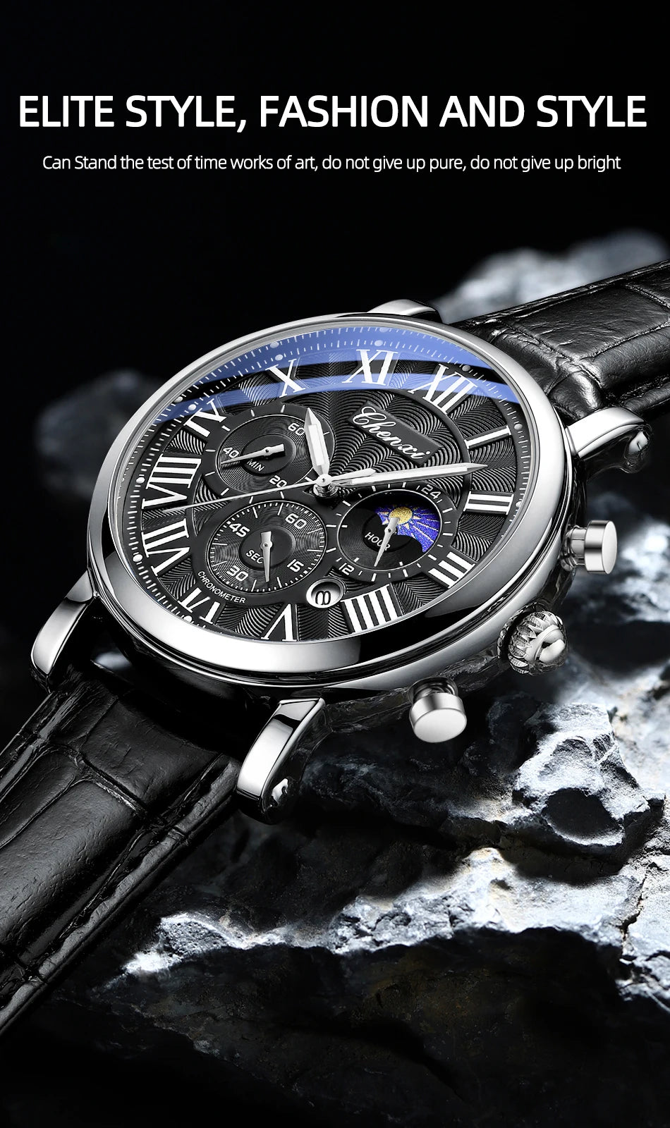 Watches For Men Leather Sweeping Second See-through Quartz Movement Waterproof Moon Phase Chronograph Wristwatch Men's Watch