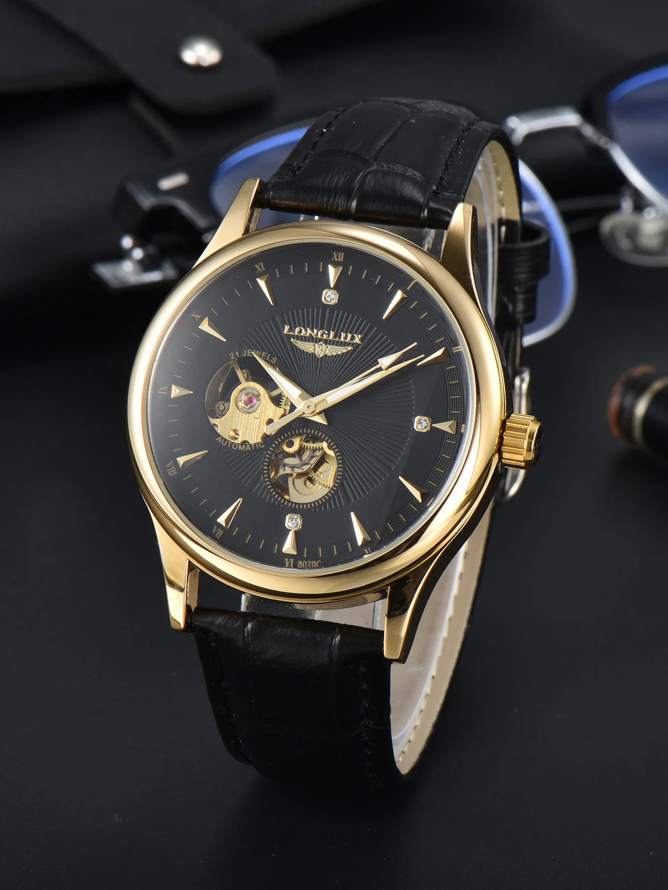 Automatic watch elegant skeleton waterproof mechanical watches leather simple rome mens watch men gift