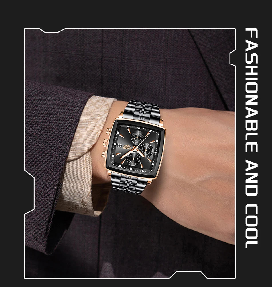 LIGE Fashion Luxury  Watches for Men Square Dial Stainless Steel Waterproof Luminous Auto Date Chronograph Quartz Man Watch+Box