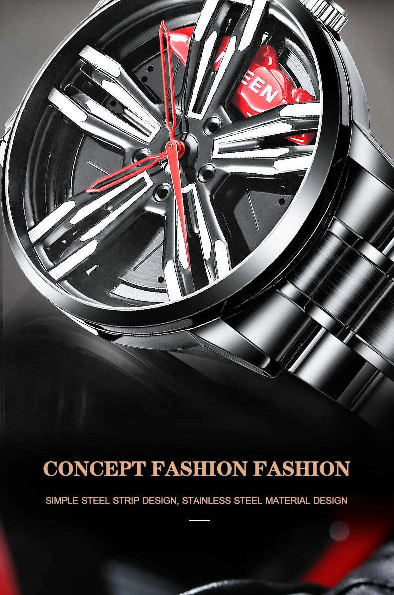 2025 New Racing Watches Men Custom Design Super Car Rim Watch Stainless Steel Black Retro Waterproof Watch Relogio Masculino
