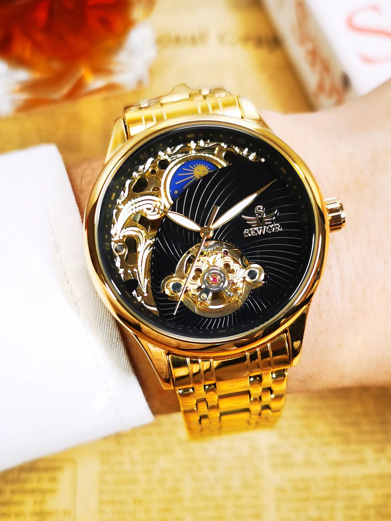 Royal Tourbillon Skeleton Watch for Men Gold Retro Automatic Mechanical Watches Stainless Steel Strap Luxury Brand Wristwatches