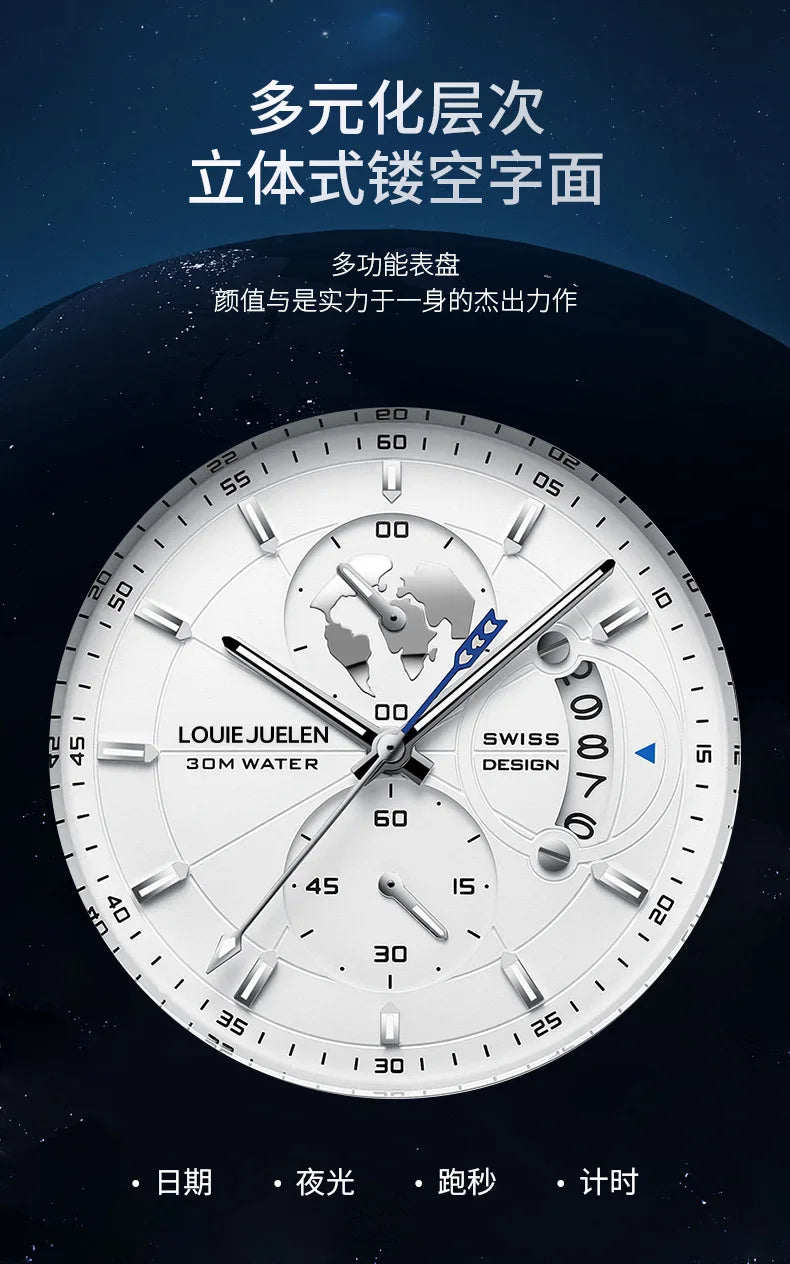 LOUIE JUELEN New Hot-Selling Men's Business Watch - Genuine Leather Strap Chronograph 3Eye Luminous Waterproof Quartz Wristwatch