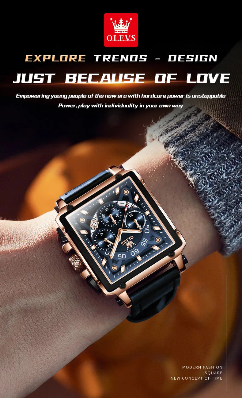 OLEVS 9919 Men Watch Fashion Square Dial Leather Strap Chronograph Waterproof Sports Clock Luxury Original Quartz Wristwatch Man