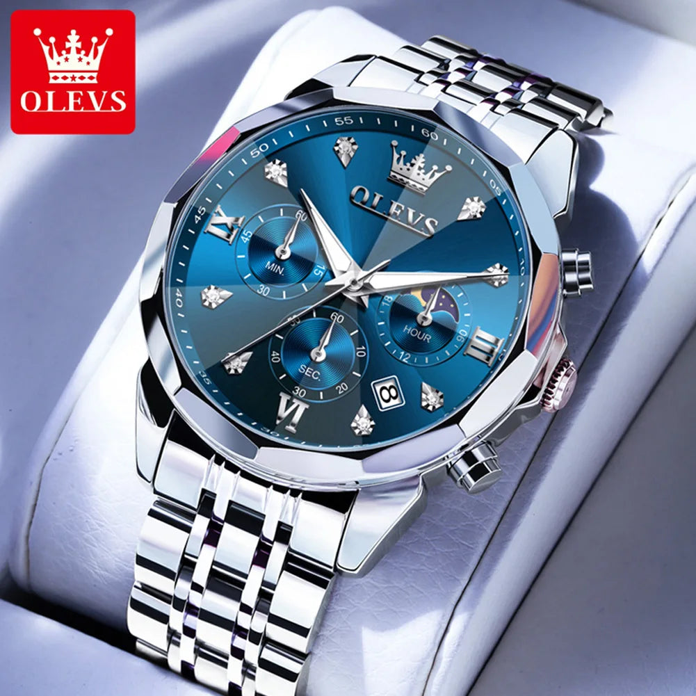 OLEVS 3670 Men's Watches Solid Steel Strap Rhombus Mirror 24Hour Moon Phase Waterproof Luminous Chronograph Quartz Watch for Men