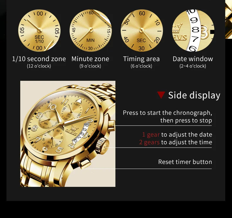 OLEVS Men's Watches Top Brand Luxury Fashion Fine Steel Original Quartz Wristwatch Waterproof Luminous Date Chronograph reloj