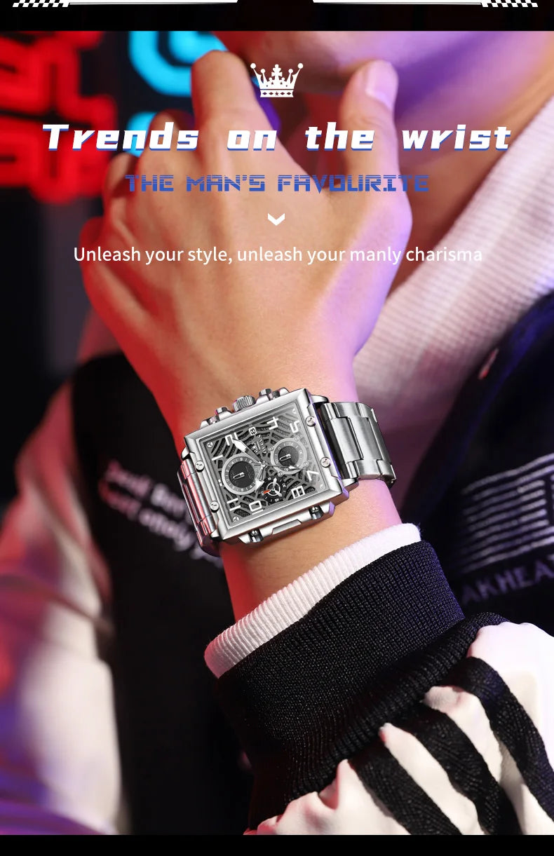 OLEVS 2958 Men Watch Fashion Business Square Quartz Watch Luxury Brand Waterproof Chronograph Formal Sports Men Watch Box Reloj