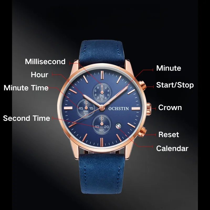 Quartz Watch for Man Multifunctional Chronography Series with 42mm Dial and 10mm Thickness Leather Strap Waterproof 3ATM
