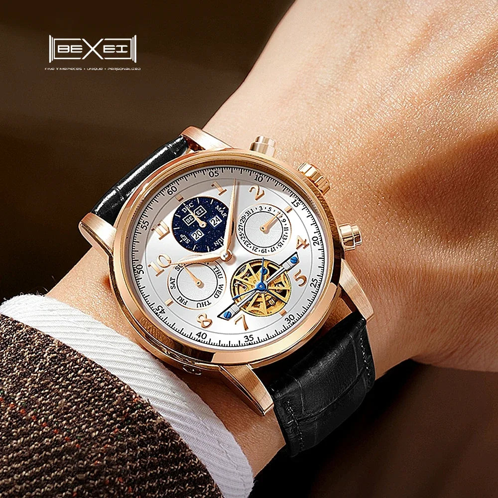 BEXEI 2025 Perpetual Calendar Automatic Watch Waterproof Mens Watches Top Brand Luxury Tourbillon Mechanical Watches for Man