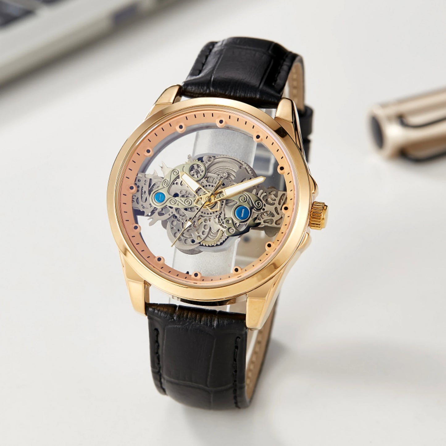 New Men's Watches Top Brand Luxury Original Waterproof Quartz Watch for Man Gold Skeleton Style 24 Hour Day Night часы мужские