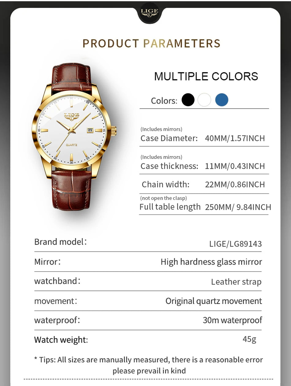 LIGE Fashion Brown Leather Watch Men Military Sports Men's Quartz Wristwatches Casual Waterproof Chronograph Relogios Masculino