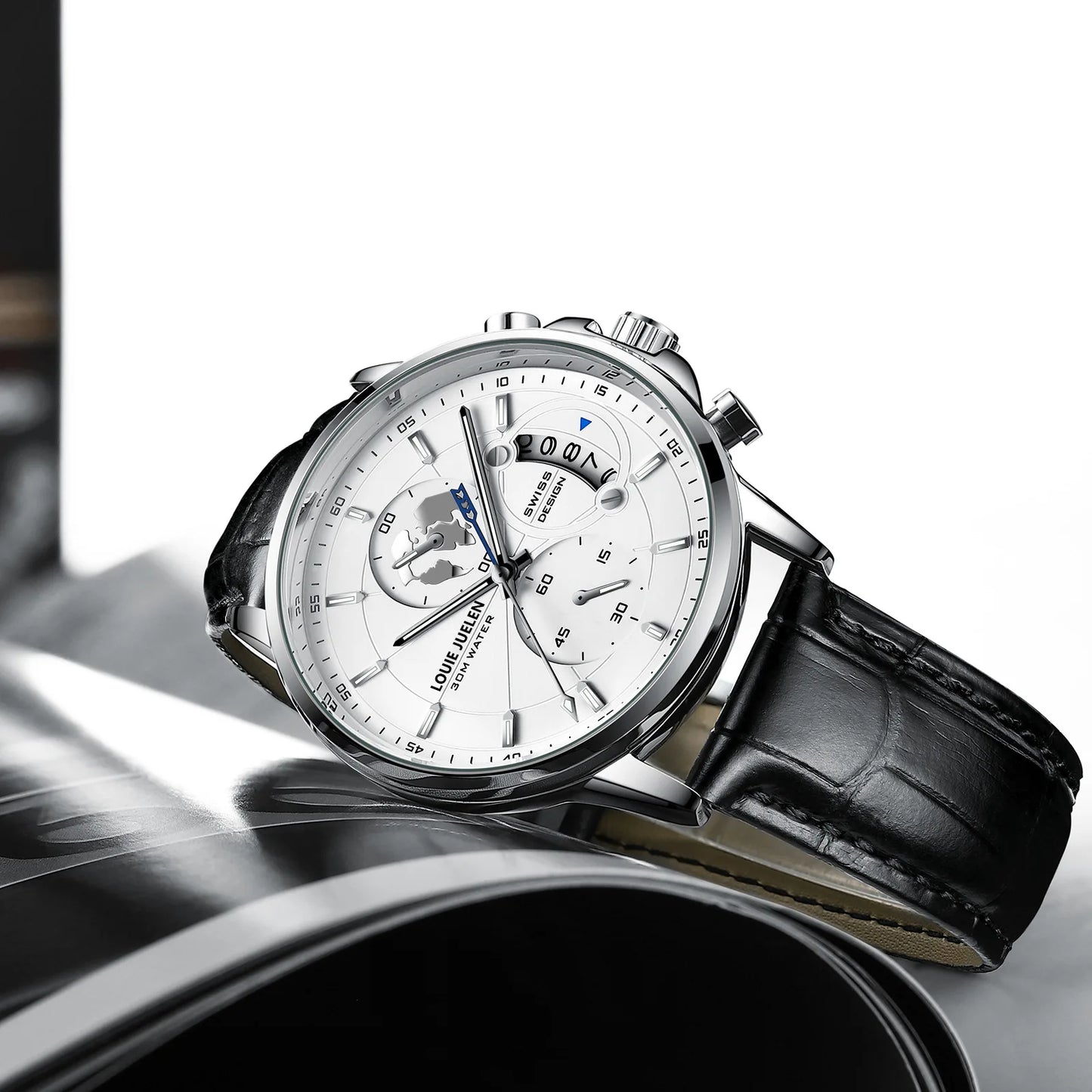 LOUIE JUELEN New Hot-Selling Men's Business Watch - Genuine Leather Strap Chronograph 3Eye Luminous Waterproof Quartz Wristwatch