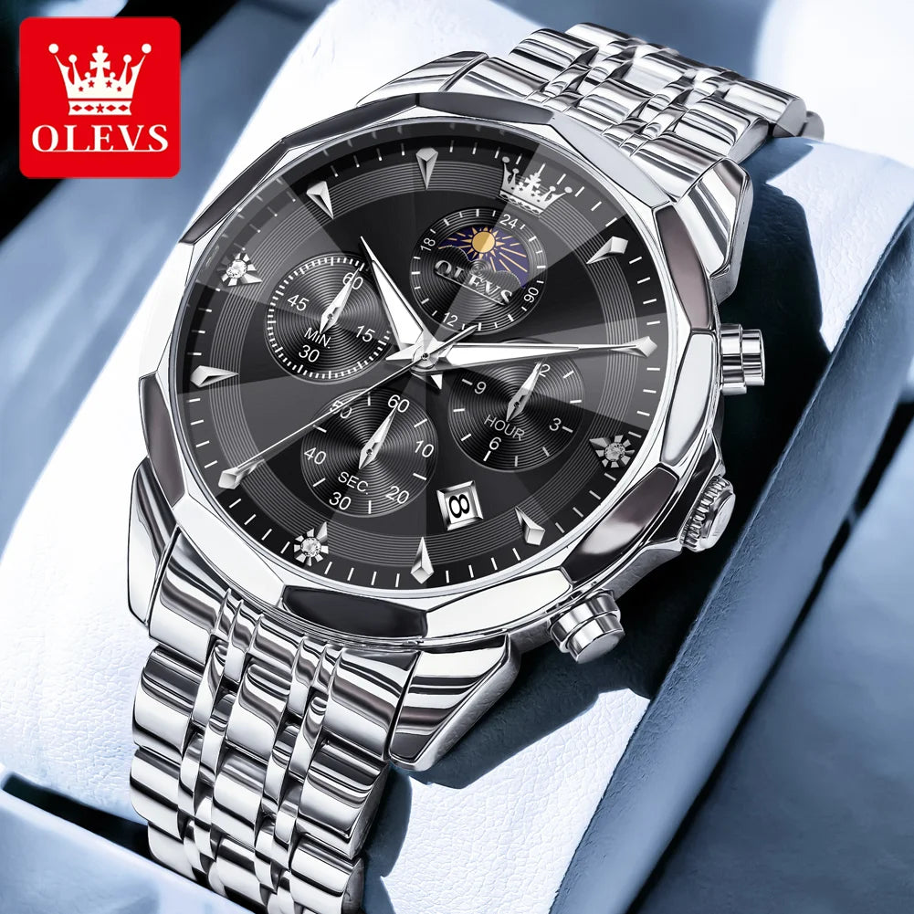 OLEVS Hot Sale Men's Watches Original Brand Quartz Watch Rhombus Mirror Waterproof Luminous Chronograph Moon Phase Watches 3673