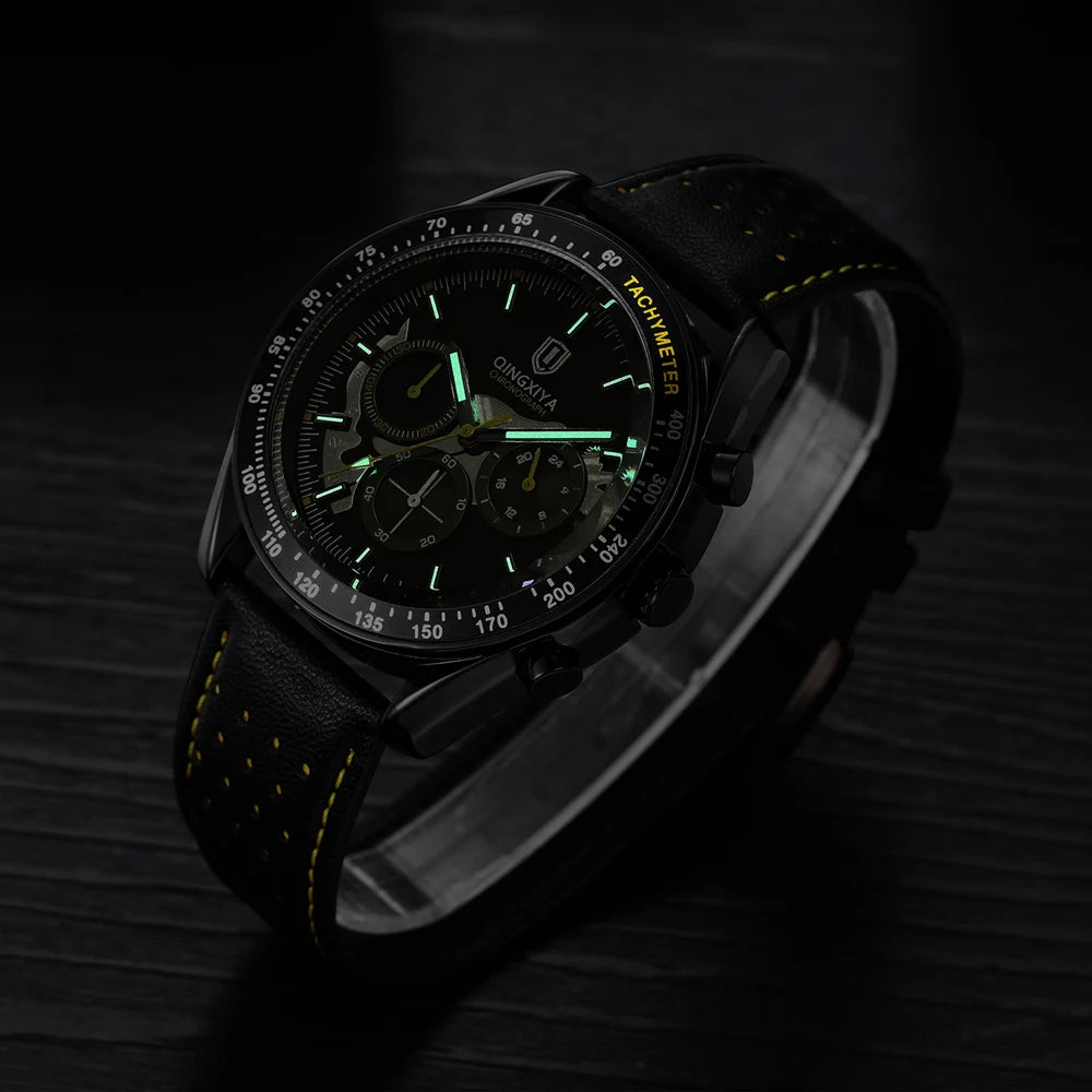 QINGXIYA New Men's Quartz Watches Top Brand Luxury Chronograph Watch Sport Leather Strap Strap Waterproof 24 Hours Male Clock