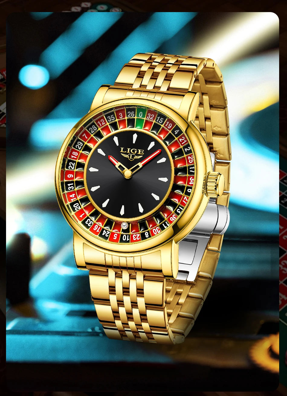LIGE Unique Creative Men's Watches Fashion Casual Stainless Steel Rotating Dial Roulette Waterproof Classic Quartz Man Watch New