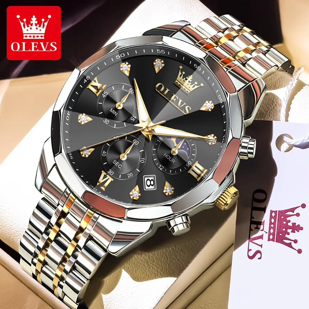 OLEVS 3670 Men's Watches Solid Steel Strap Rhombus Mirror 24Hour Moon Phase Waterproof Luminous Chronograph Quartz Watch for Men