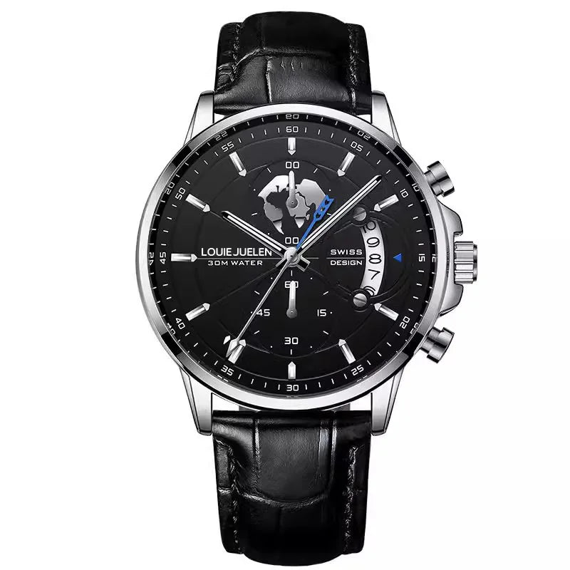 LOUIE JUELEN New Hot-Selling Men's Business Watch - Genuine Leather Strap Chronograph 3Eye Luminous Waterproof Quartz Wristwatch
