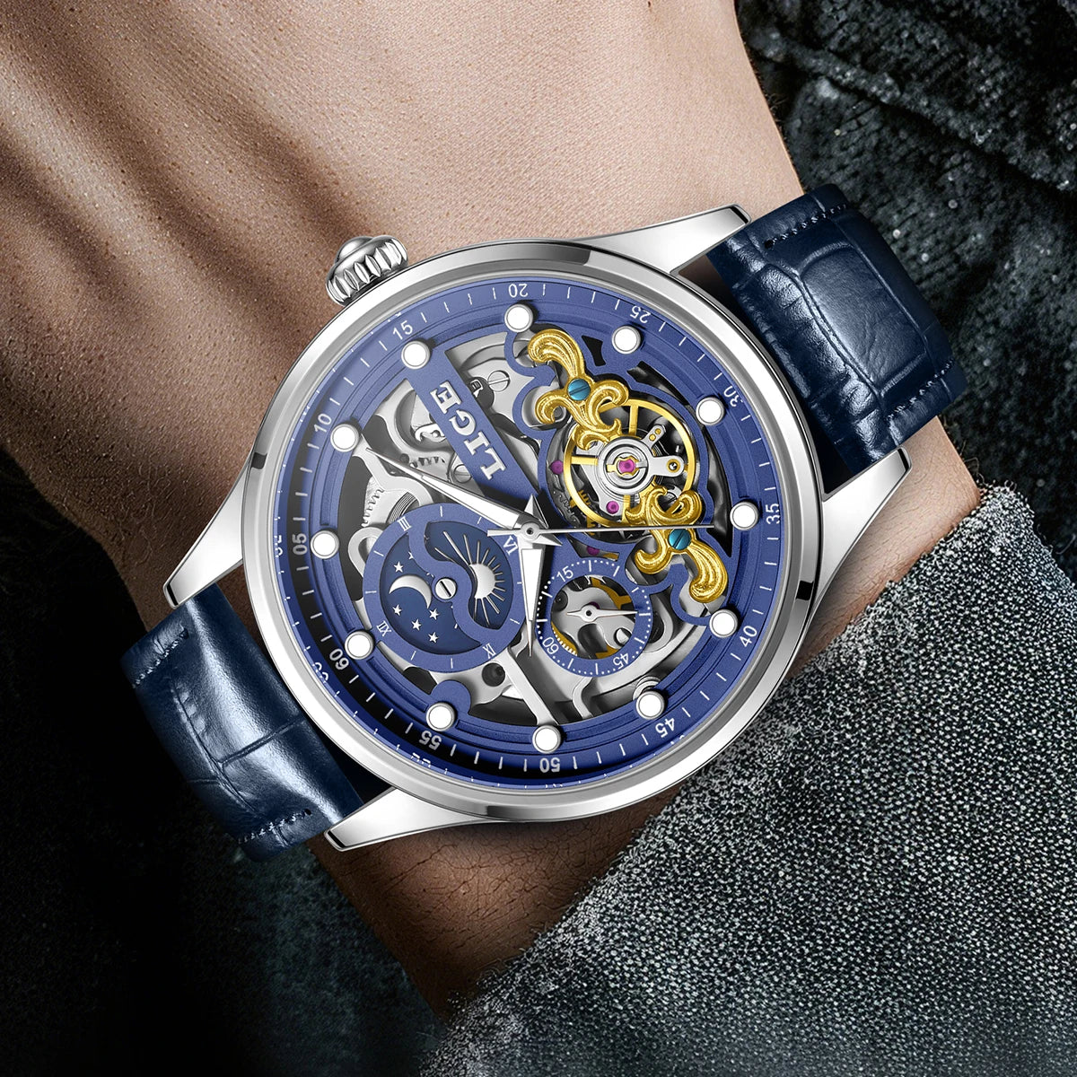 Reloj Hombre Watches Mens LIGE Top Brand Luxury Skeleton Tourbillon Automatic Mechanical Watch for Men Waterproof+Watch Box