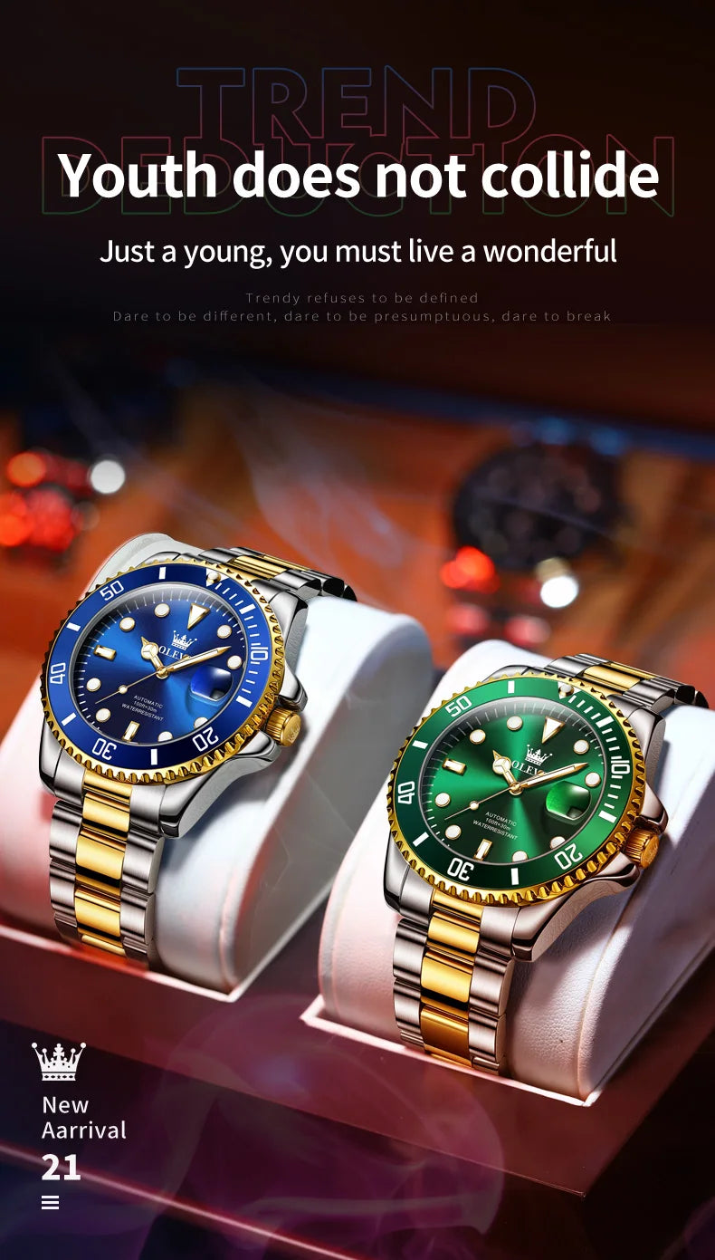 OLEVS 6650 Luxury Automatic Watch Men Rotary Lap Mechanical Movement Waterproof Sports Top Brand Stainless Steel Wristwatch