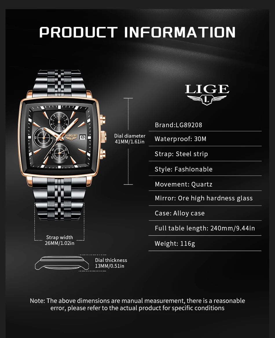 LIGE Fashion Luxury  Watches for Men Square Dial Stainless Steel Waterproof Luminous Auto Date Chronograph Quartz Man Watch+Box