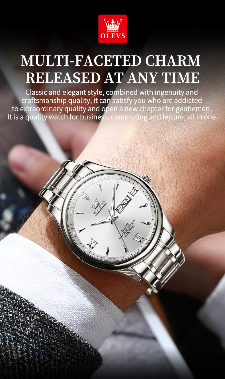 OLEVS 9806 Classic Men's Watches Roman Scale Date Week Stainless steel Business Waterproof Hand Clock