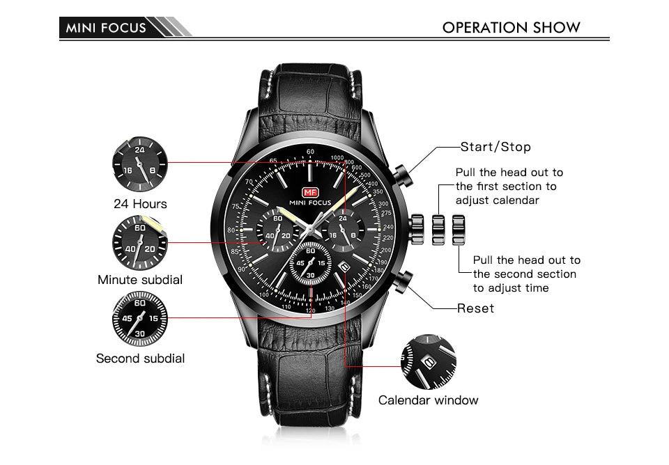 Top Brand Men's Leather Watch Luxury Quartz Watch Casual Business Sport Waterproof Chronograph Wristwatch with Date Display