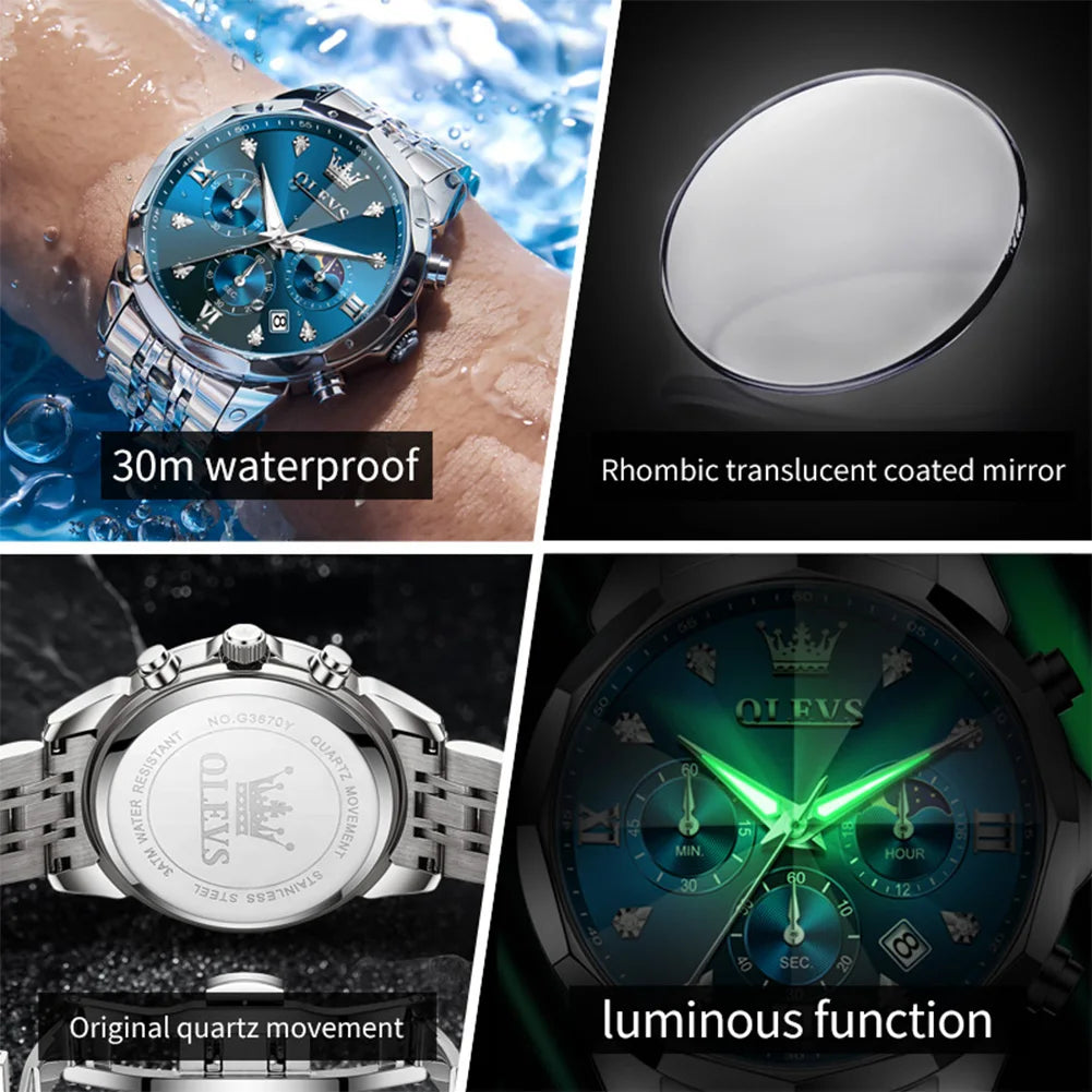 OLEVS 3670 Men's Watches Solid Steel Strap Rhombus Mirror 24Hour Moon Phase Waterproof Luminous Chronograph Quartz Watch for Men