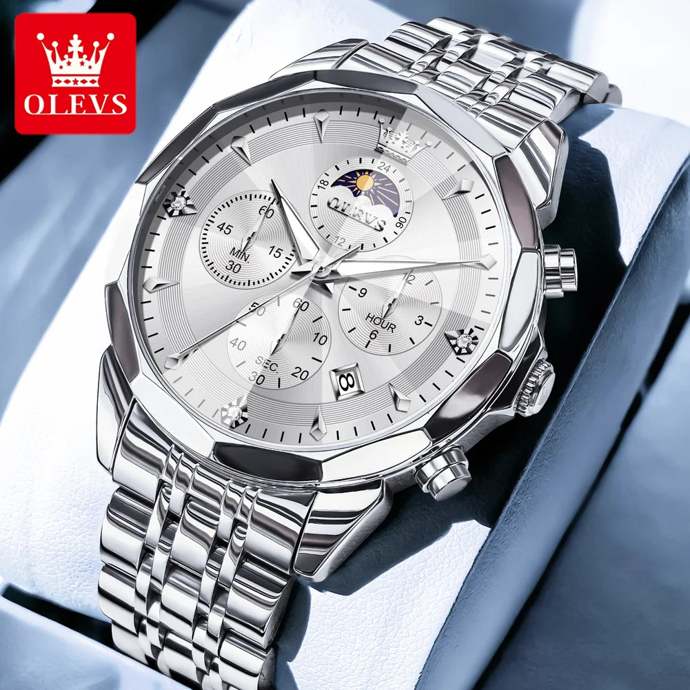 OLEVS Hot Sale Men's Watches Original Brand Quartz Watch Rhombus Mirror Waterproof Luminous Chronograph Moon Phase Watches 3673