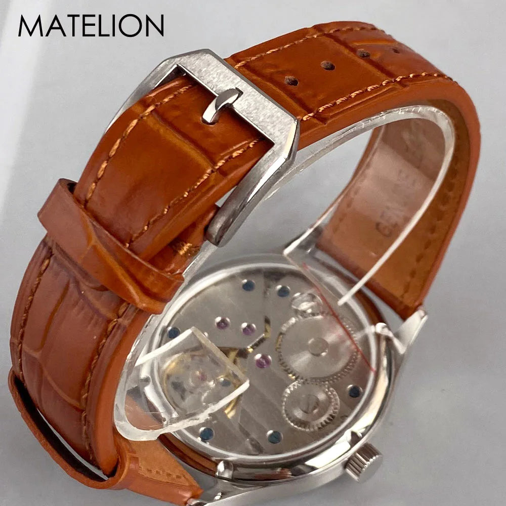 Retro Watch for Men Asia 6497 Hand Winding Movement Black White Mechanical Manual Winding Mineral Crystal 44mm Transparent Back