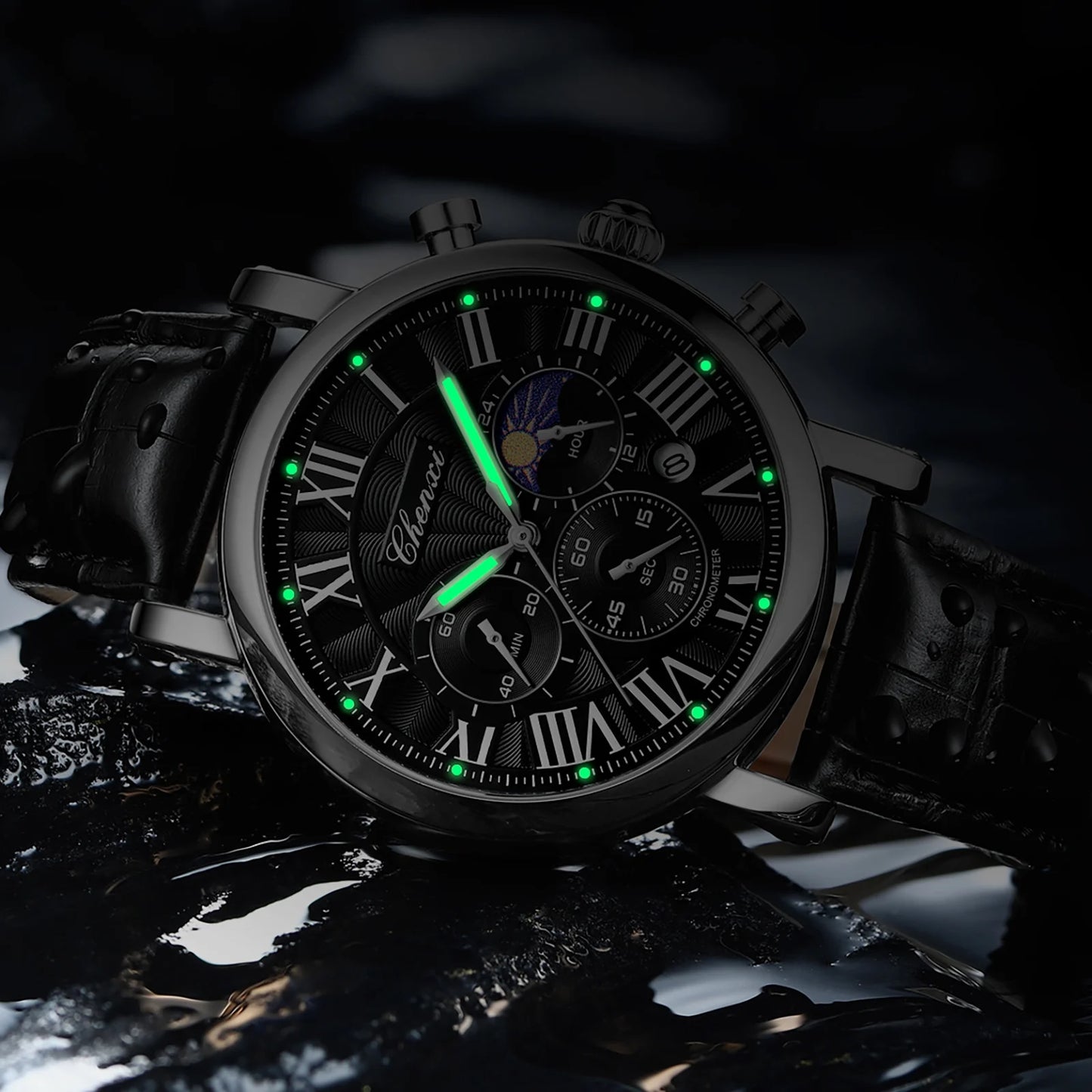 Watches For Men Leather Sweeping Second See-through Quartz Movement Waterproof Moon Phase Chronograph Wristwatch Men's Watch