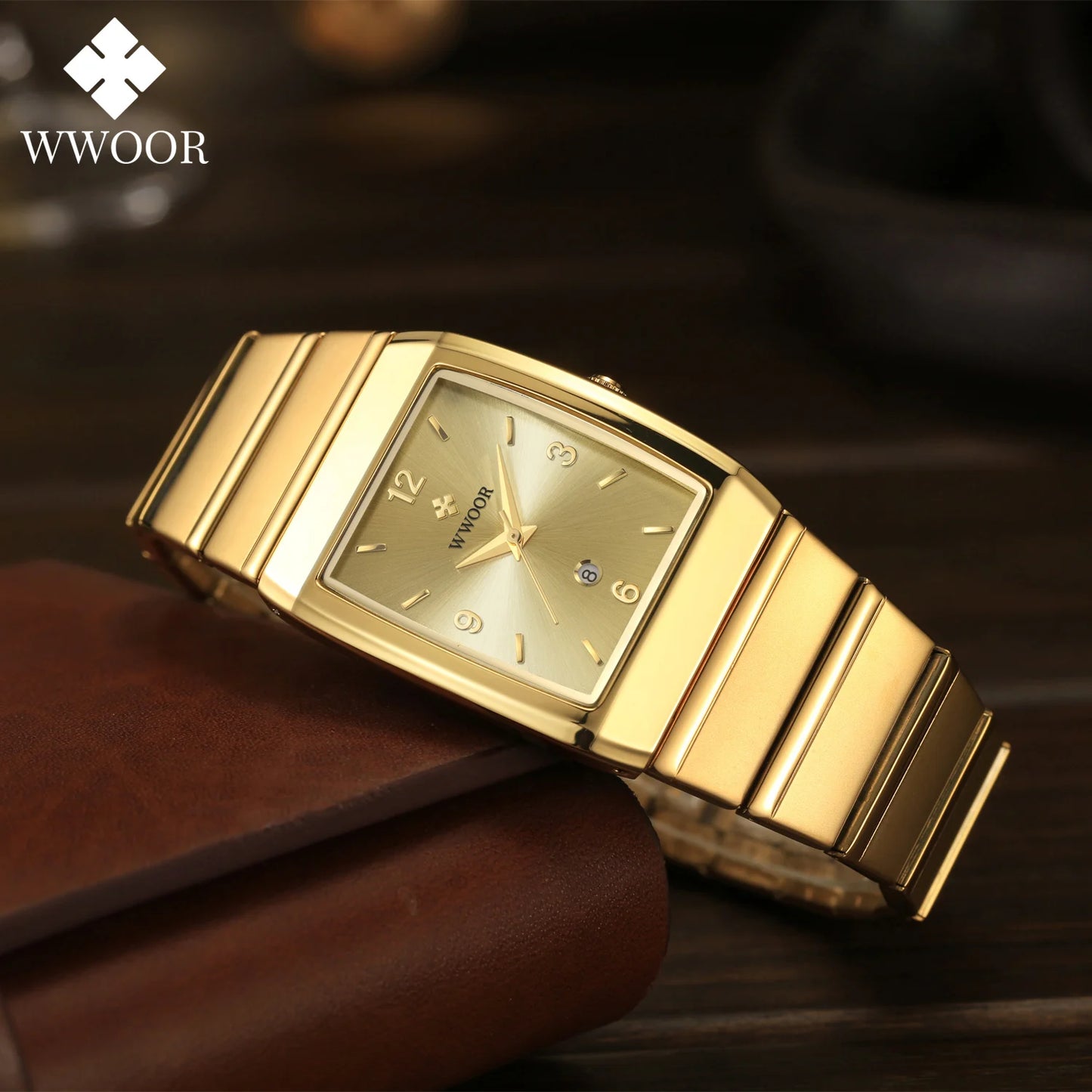 Relogio Masculino WWOOR New Man's Square Watch For Men with Automatic Date Luxury Stainless Steel Gold Mens Quartz Wrist Watches