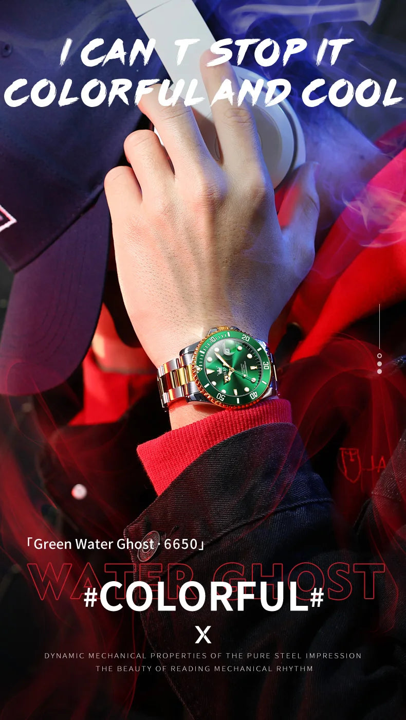 OLEVS 6650 Luxury Automatic Watch Men Rotary Lap Mechanical Movement Waterproof Sports Top Brand Stainless Steel Wristwatch