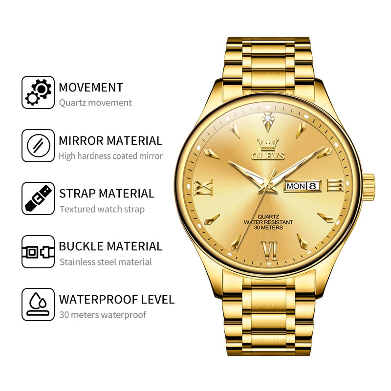 OLEVS 9806 Classic Men's Watches Roman Scale Date Week Stainless steel Business Waterproof Hand Clock