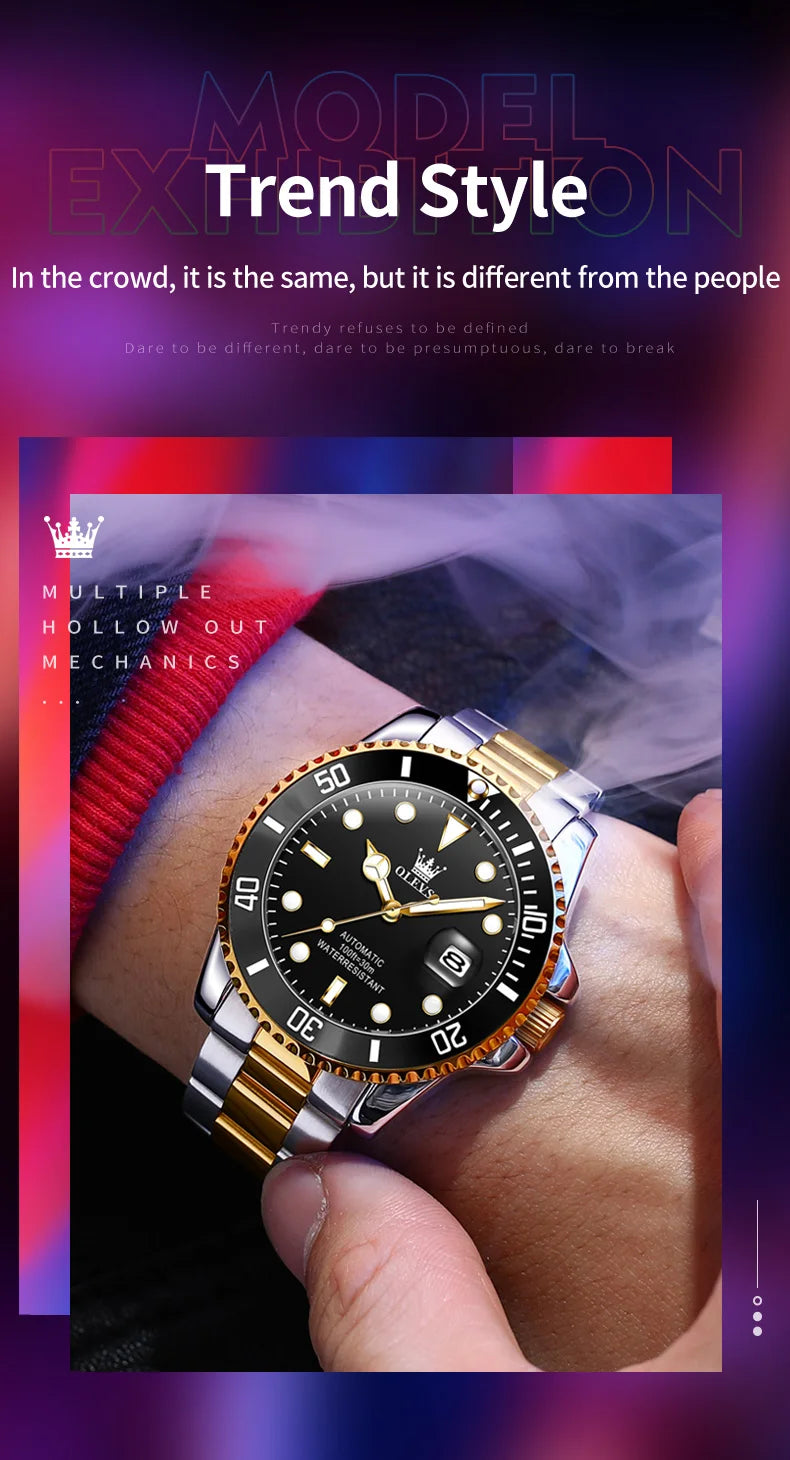 OLEVS 6650 Luxury Automatic Watch Men Rotary Lap Mechanical Movement Waterproof Sports Top Brand Stainless Steel Wristwatch