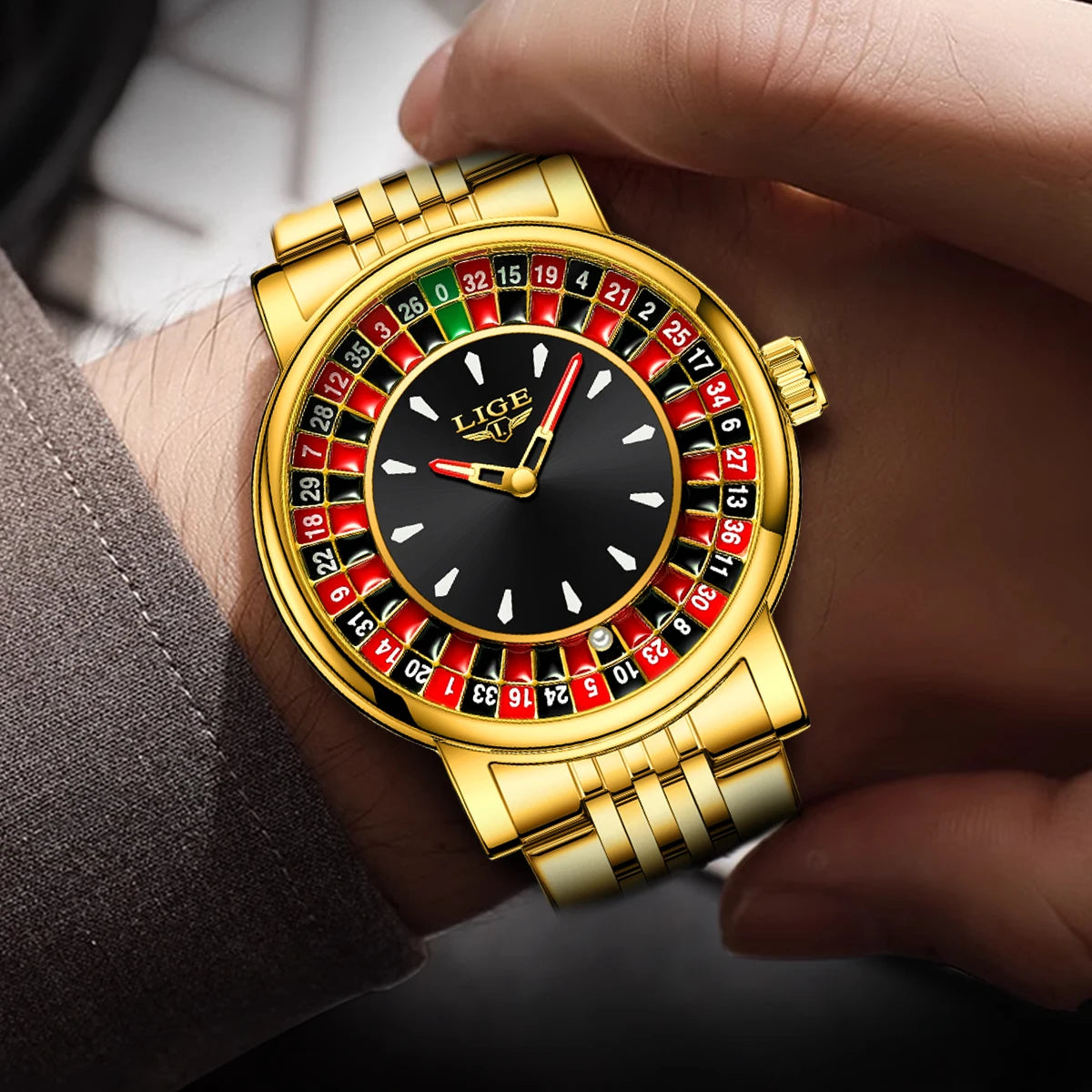 LIGE Unique Creative Men's Watches Fashion Casual Stainless Steel Rotating Dial Roulette Waterproof Classic Quartz Man Watch New