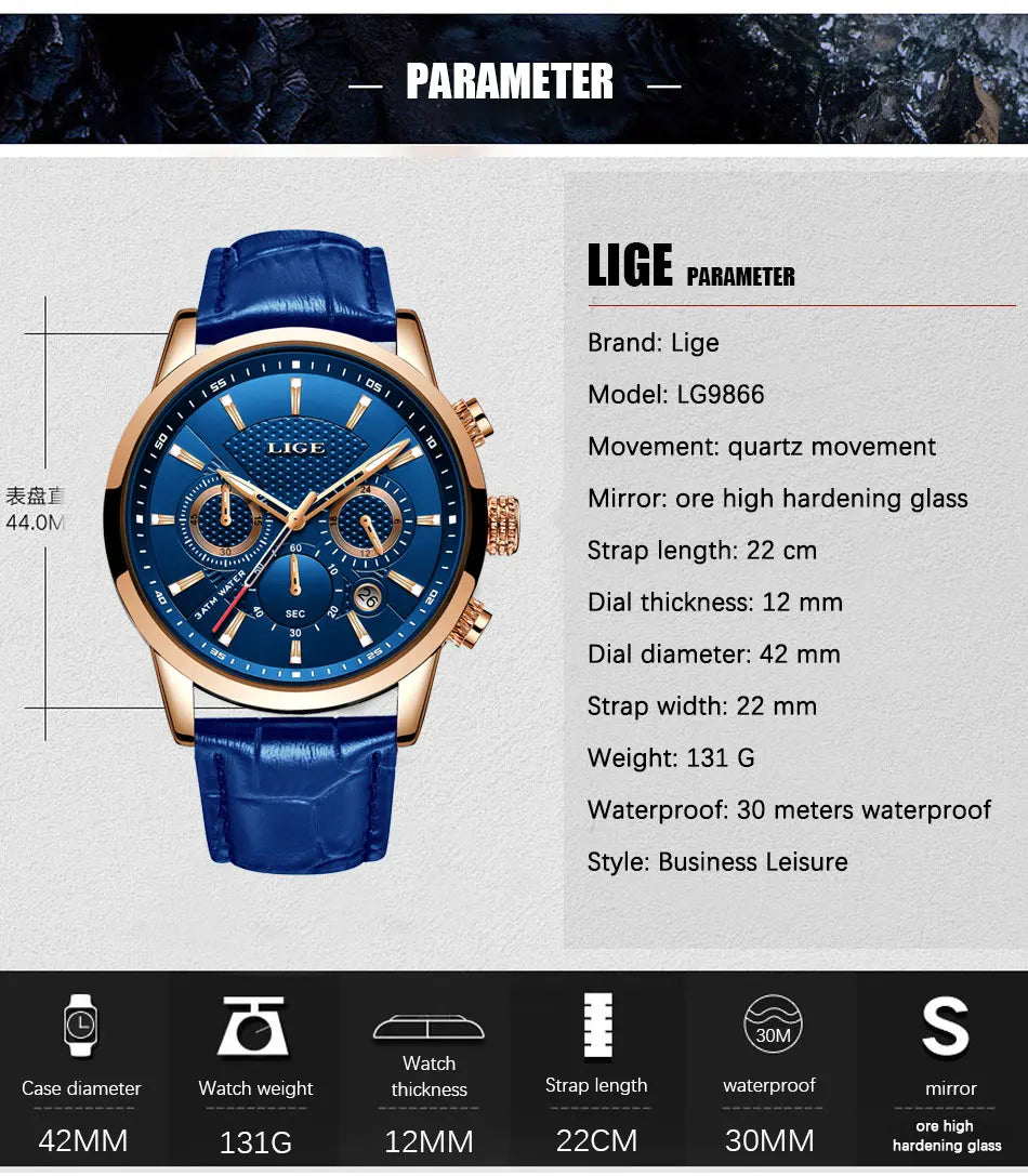 2024 LIGE Top Luxury Mens Watch Casual Business Quartz Watches Men Fashion Leather Wristwatch Waterproof Male Clock Reloj Hombre