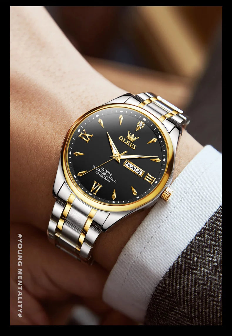 OLEVS 9806 Classic Men's Watches Roman Scale Date Week Stainless steel Business Waterproof Hand Clock