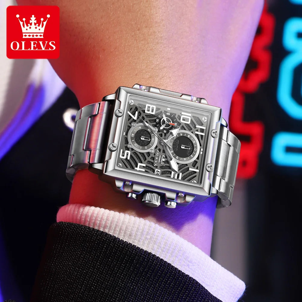 OLEVS 2958 Men Watch Fashion Business Square Quartz Watch Luxury Brand Waterproof Chronograph Formal Sports Men Watch Box Reloj