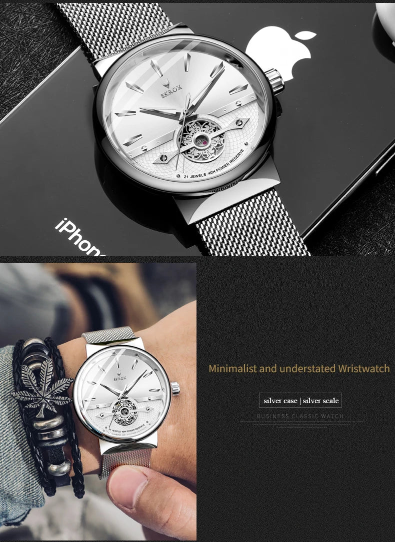 2025 SKROX Original High-End Luxury Elegant Automatic Movement Clockwork Thin Man Watch Mechanical Waterproof Male Wrist Watches