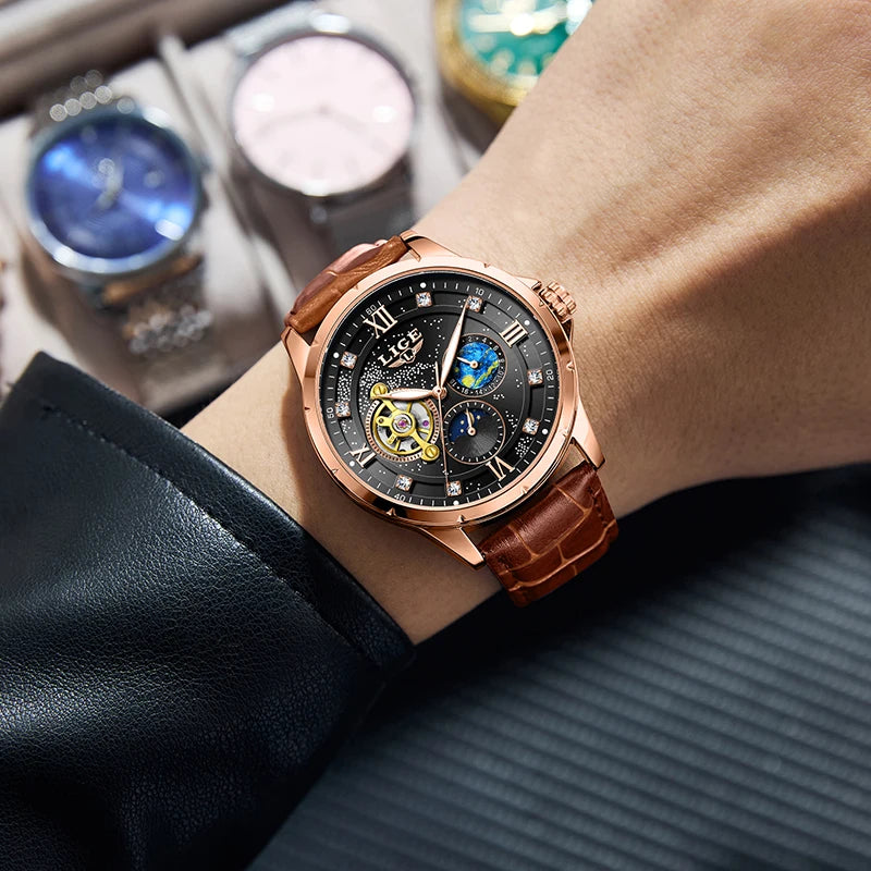 LIGE Top Luxury Mechanical Watches Men Fashion Diamonds Automatic Mens Watch 30M Waterproof Luminous Wristwatch Male Reloj 2026