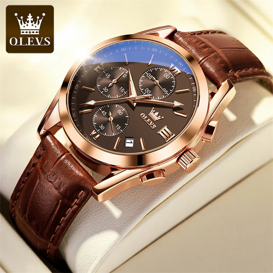 OLEVS Mens Watches Top Brand Luxury Chronograph Quartz Watch Men Sport Leather Waterproof Luminous Date Business Wristwatch Male