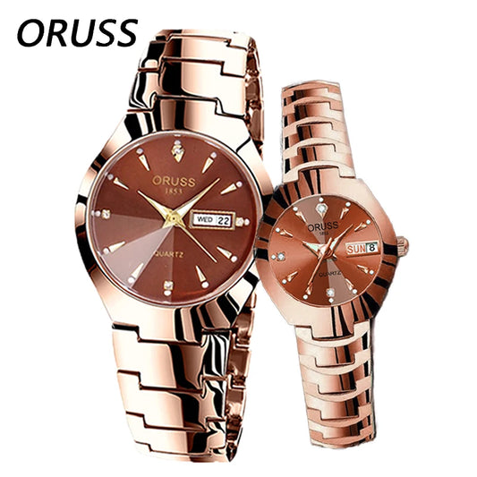 ORUSS Relogio Feminino Couple Watch Men Quartz watch for Lovers Luxury Womens wristwatch Week Display Stainless Steel Waterproof