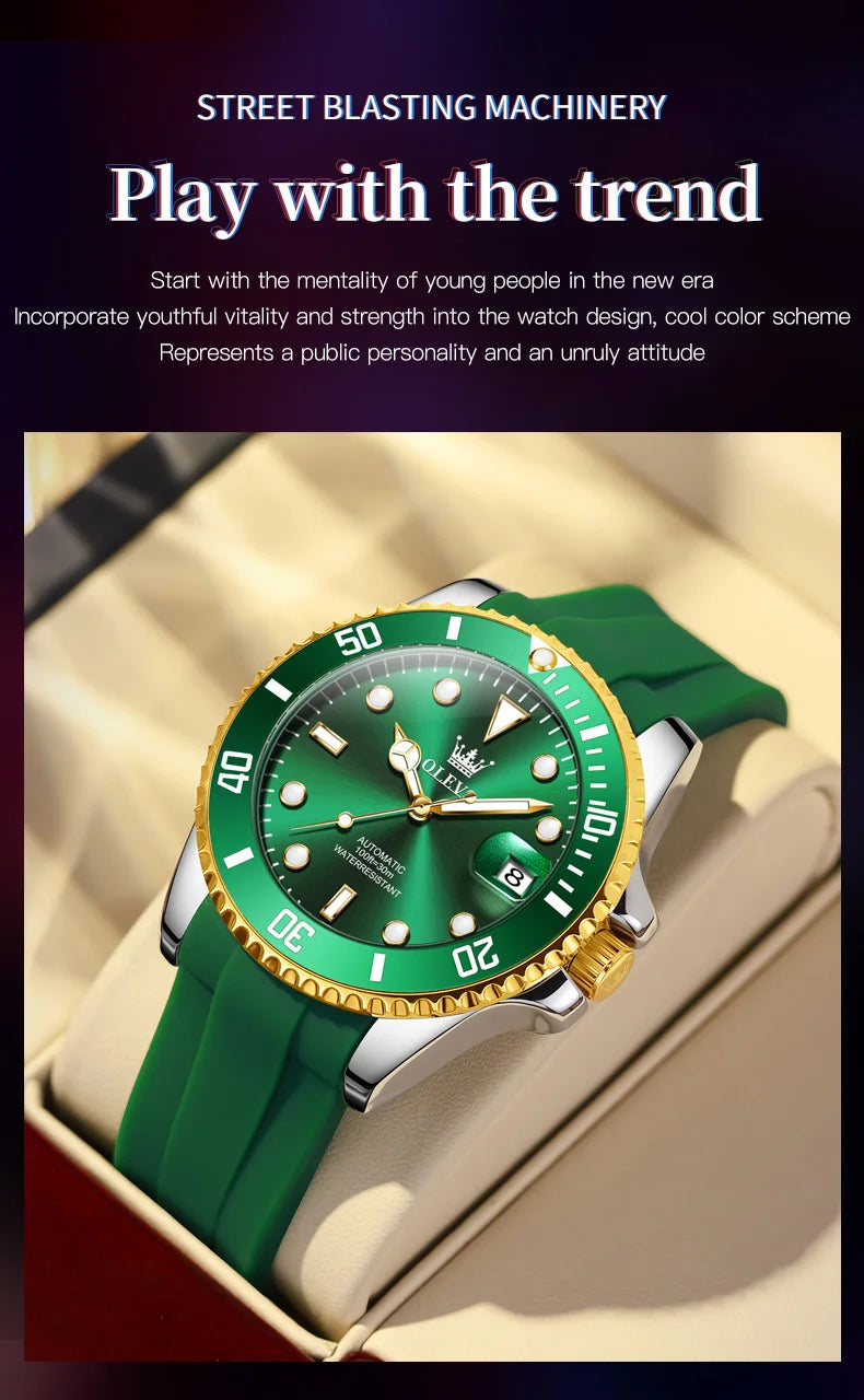 OLEVS 6650 Luxury Automatic Watch Men Rotary Lap Mechanical Movement Waterproof Sports Top Brand Stainless Steel Wristwatch