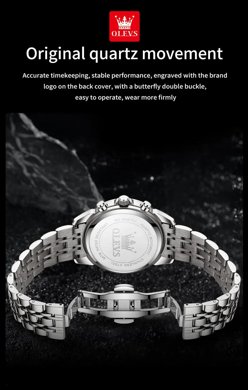 OLEVS 3670 Men's Watches Solid Steel Strap Rhombus Mirror 24Hour Moon Phase Waterproof Luminous Chronograph Quartz Watch for Men